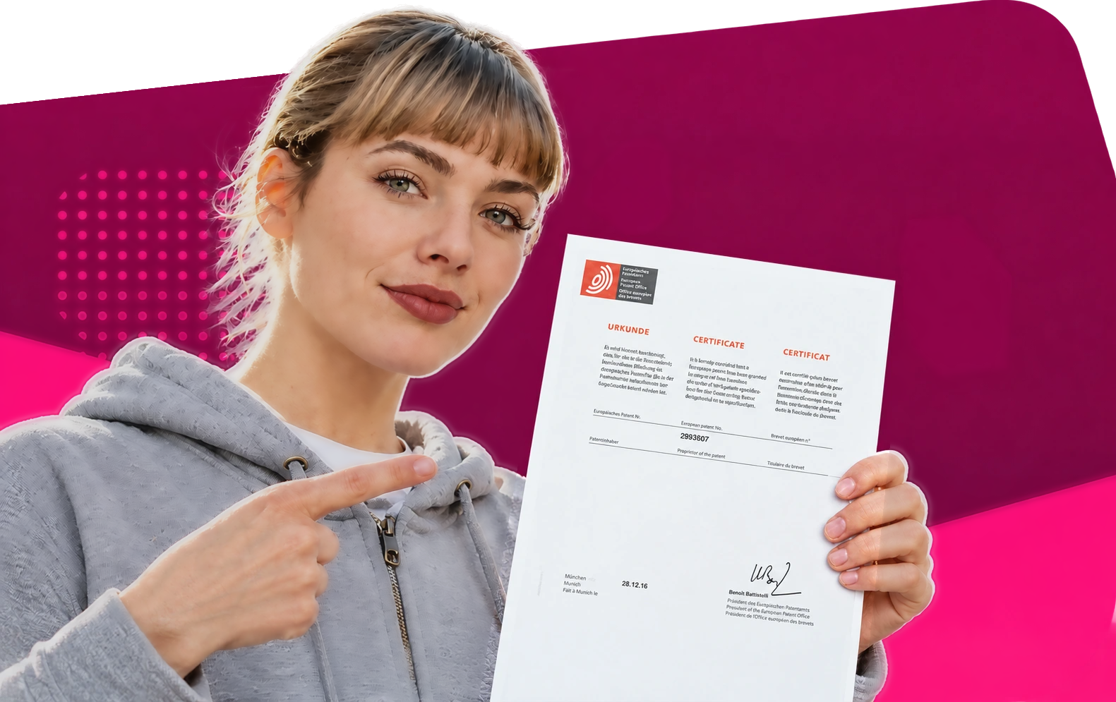 Avatar Jenny mit einer europäischen Patenturkunde