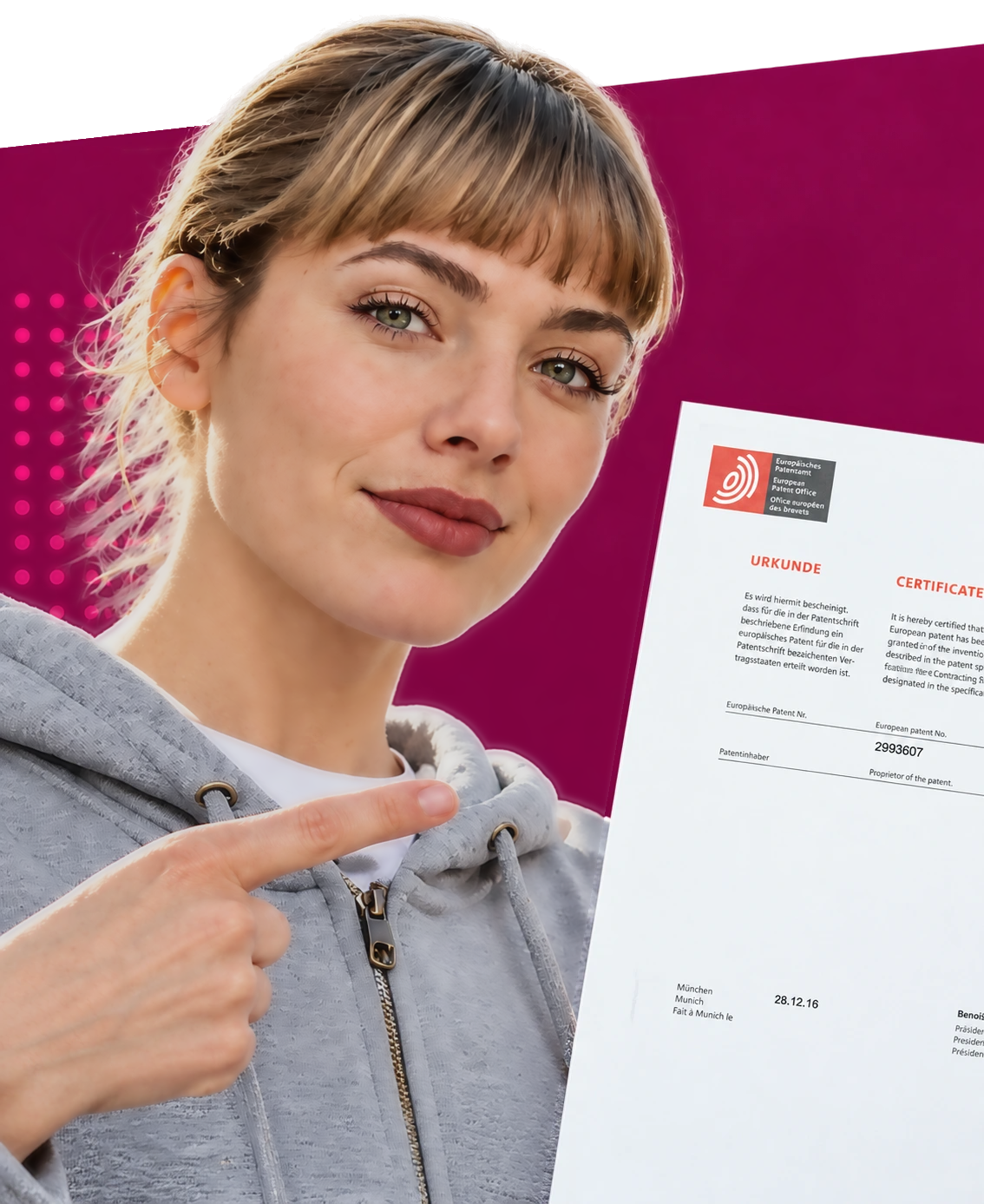 Avatar Jenny mit einer europäischen Patenturkunde